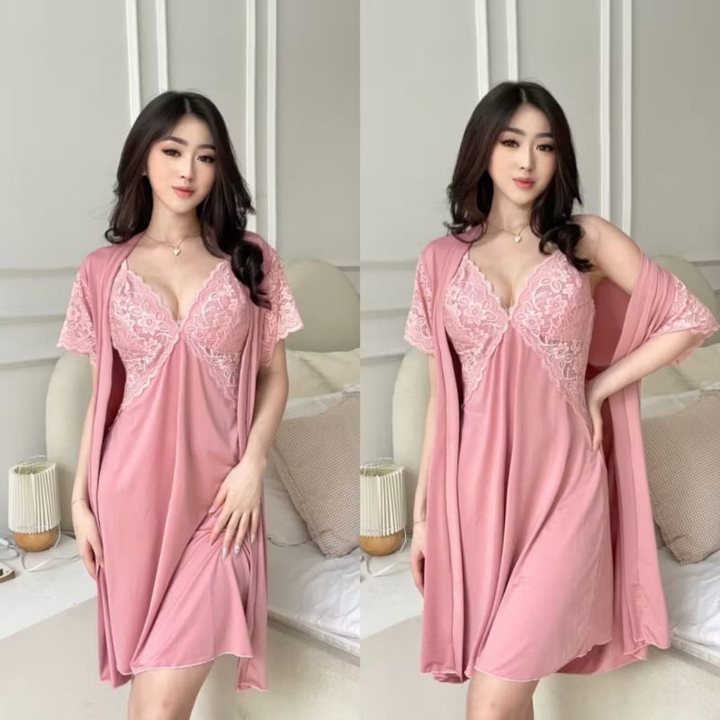 CYELINEE SLEEP WEAR DRESS + KIMONO + PANTIES+ BELT PINK - LINGERIE HOT SEXY KEKINIAN