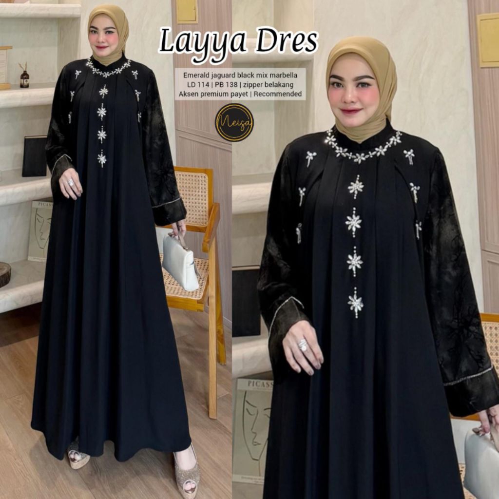 Layya Dress Gamis Pesta Elegan Hitam Jacquard - Dress Muslimah Premium Aksen Payet Eksklusif Outfit 