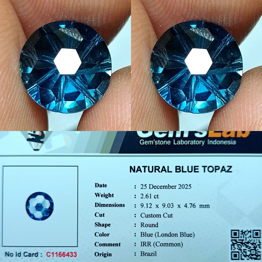 NATURAL BLUE TOPAZ LONDON CUSTOM CUTTING TOP LUSTER BRAZIL MEMO GLI LAB