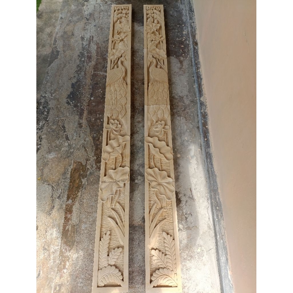 ukiran batu alam motif merak untuk pilar