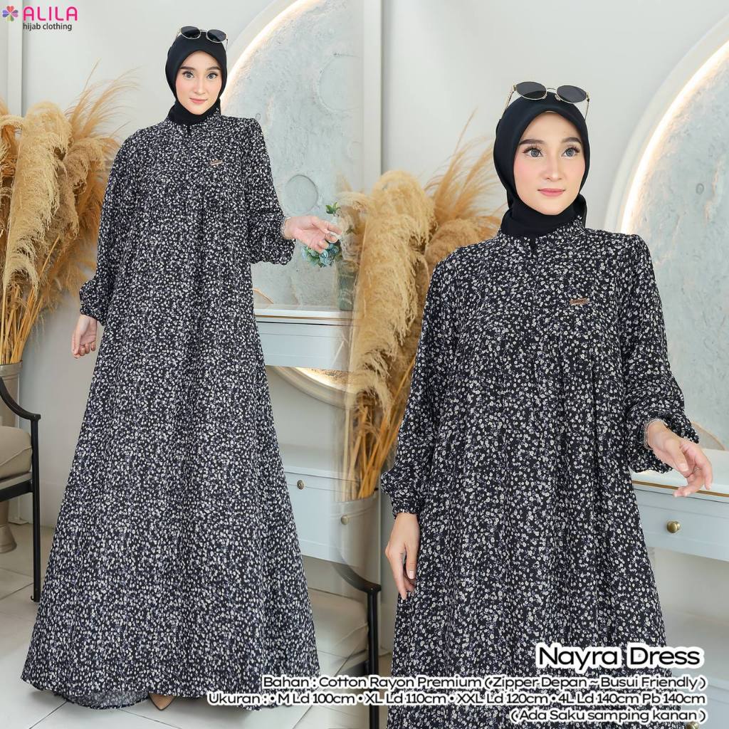 Nayra Dress Gamis Maxi Syar'i Original ALILA Cotton Rayon Premium Motif Bunga Kecil Adem Busui Frien