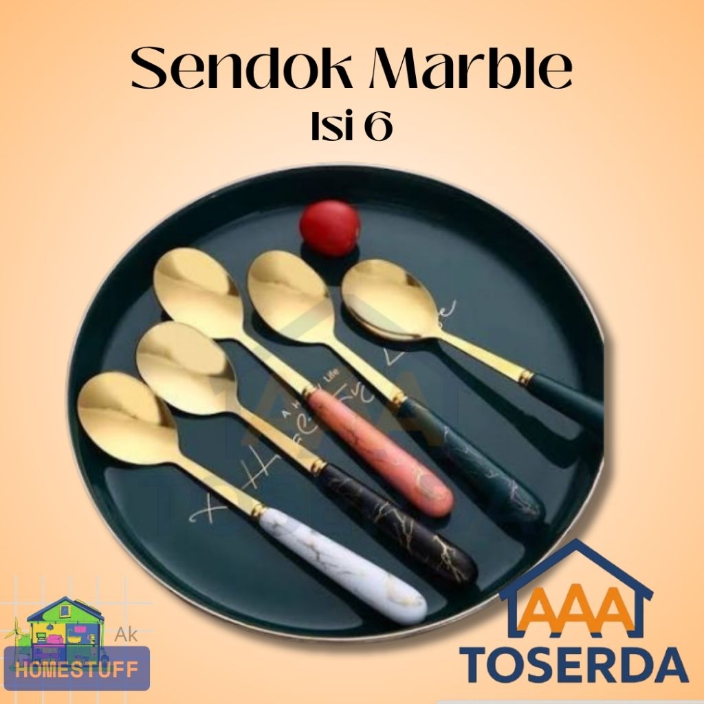 AAA Toserda | Sendok Makan Set Marble 6 Pcs | Sendok Emas Gagang Marble | Peralatan Makan Estetik
