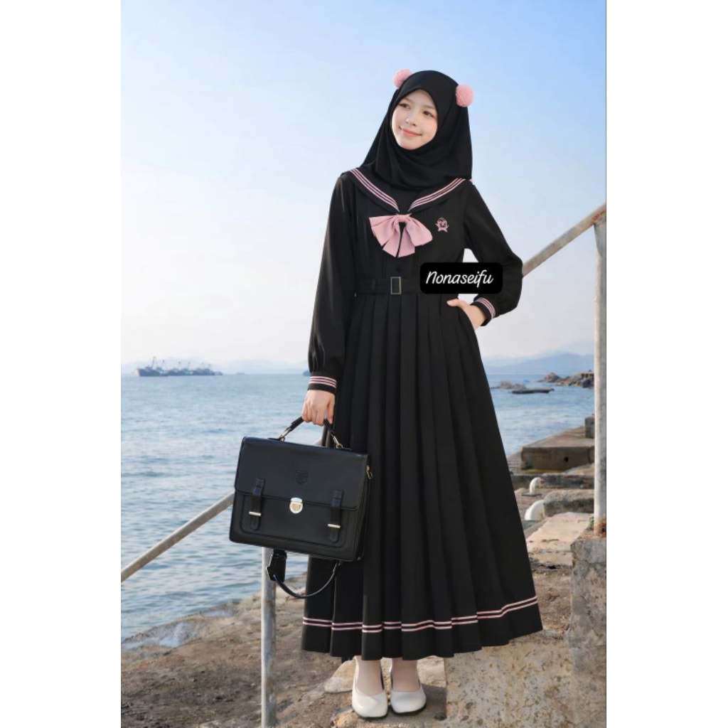 nonaseifu - dress seifuku seragam sekolah jepang black hijab versi
