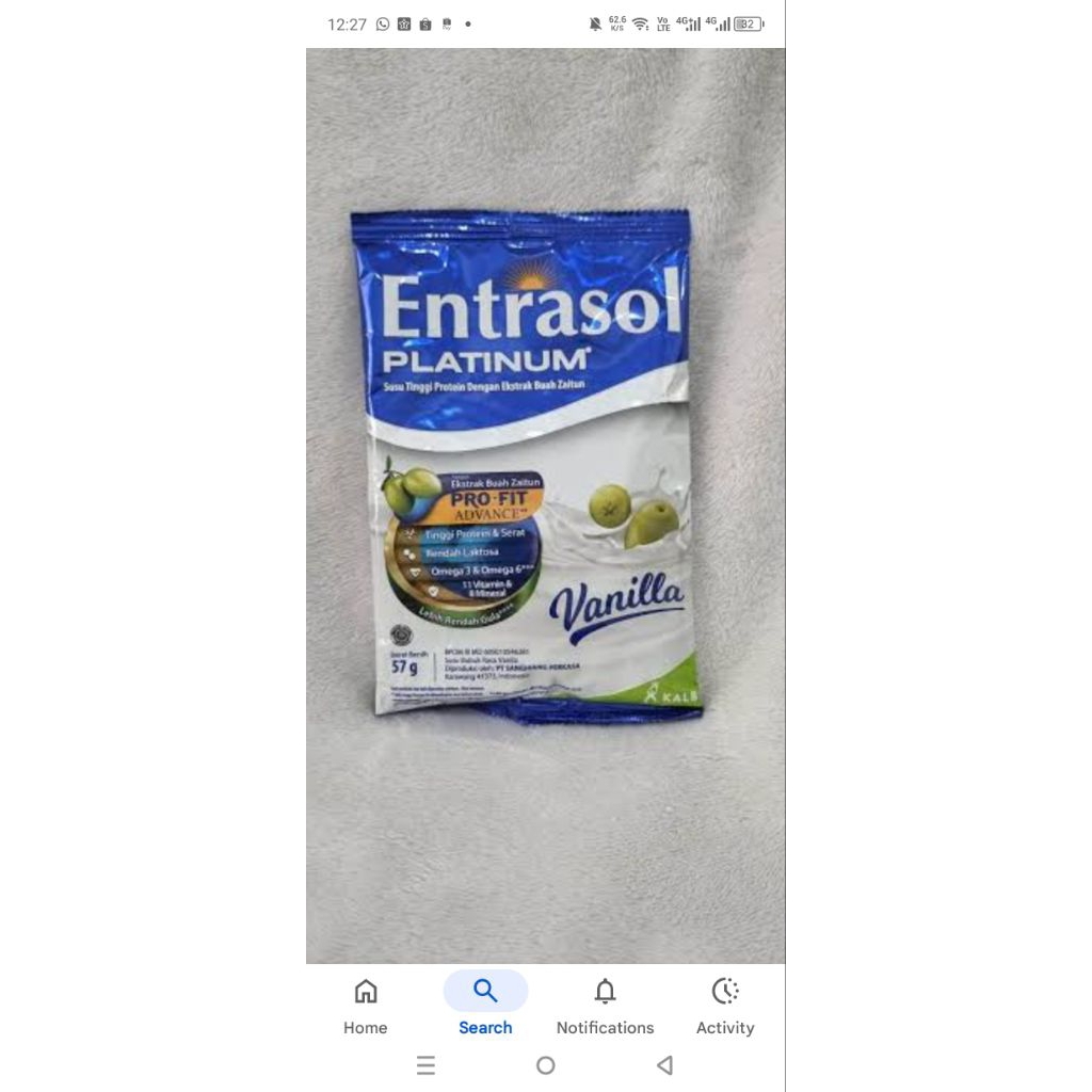susu afkir entrasol platinum vanila sachet 57gr Ed 03 Jan 2026