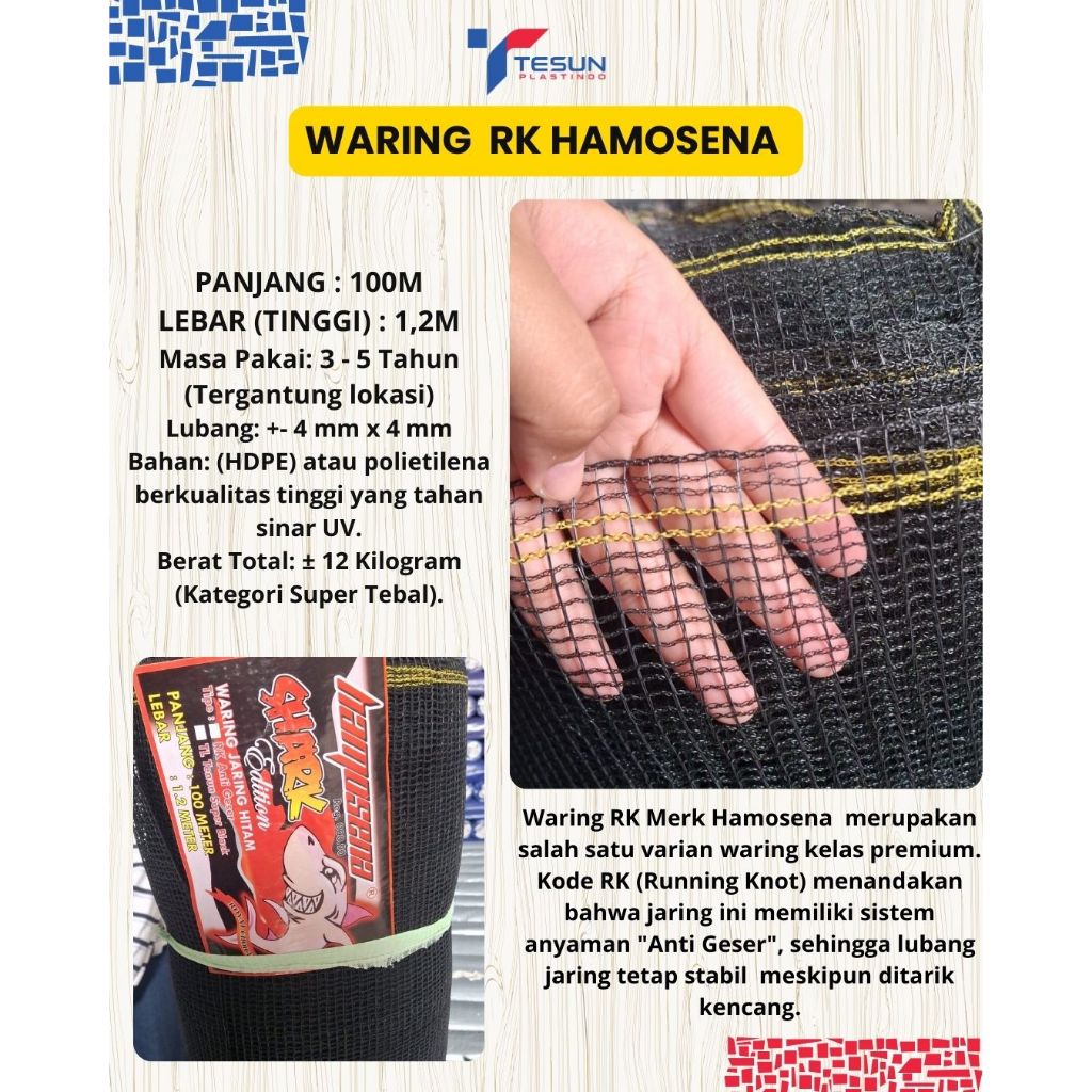 WARING HITAM RK HAMOSENA 1 ROLL UKURAN 1.2M X 100M WARING SUPER - Jaring Pagar Ikan dan Kebun Paling