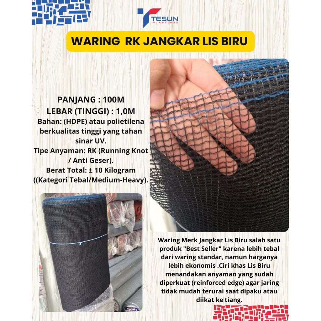Waring RK DJANGKAR  LIS BIRU ECERAN 1x 5 Meter - Jaring Pagar Ayam Tanaman dan Keramba Ikan