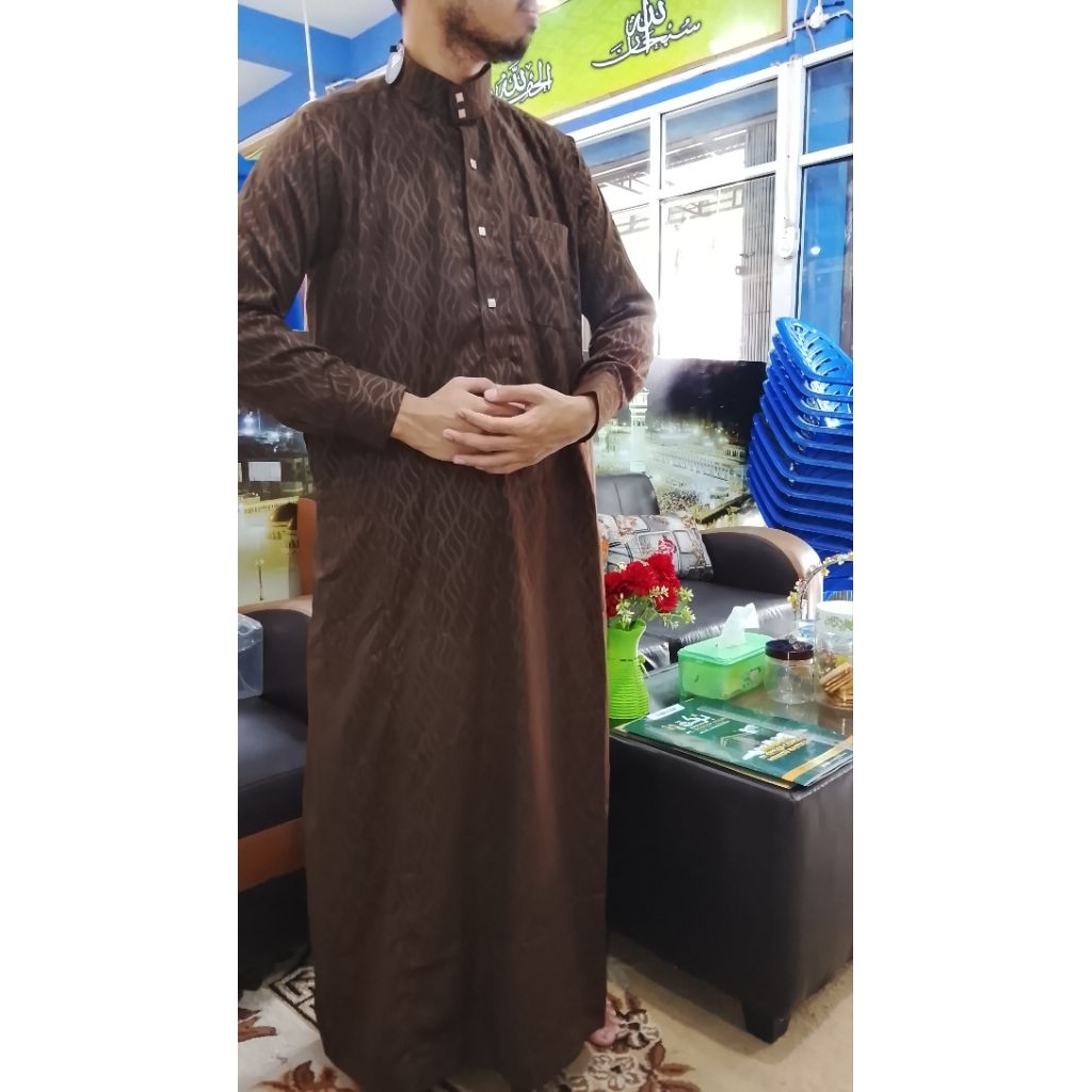 Baju Couple Muslim Jetblack Premium - Jubah Pria & Abaya Wanita Motif Wave