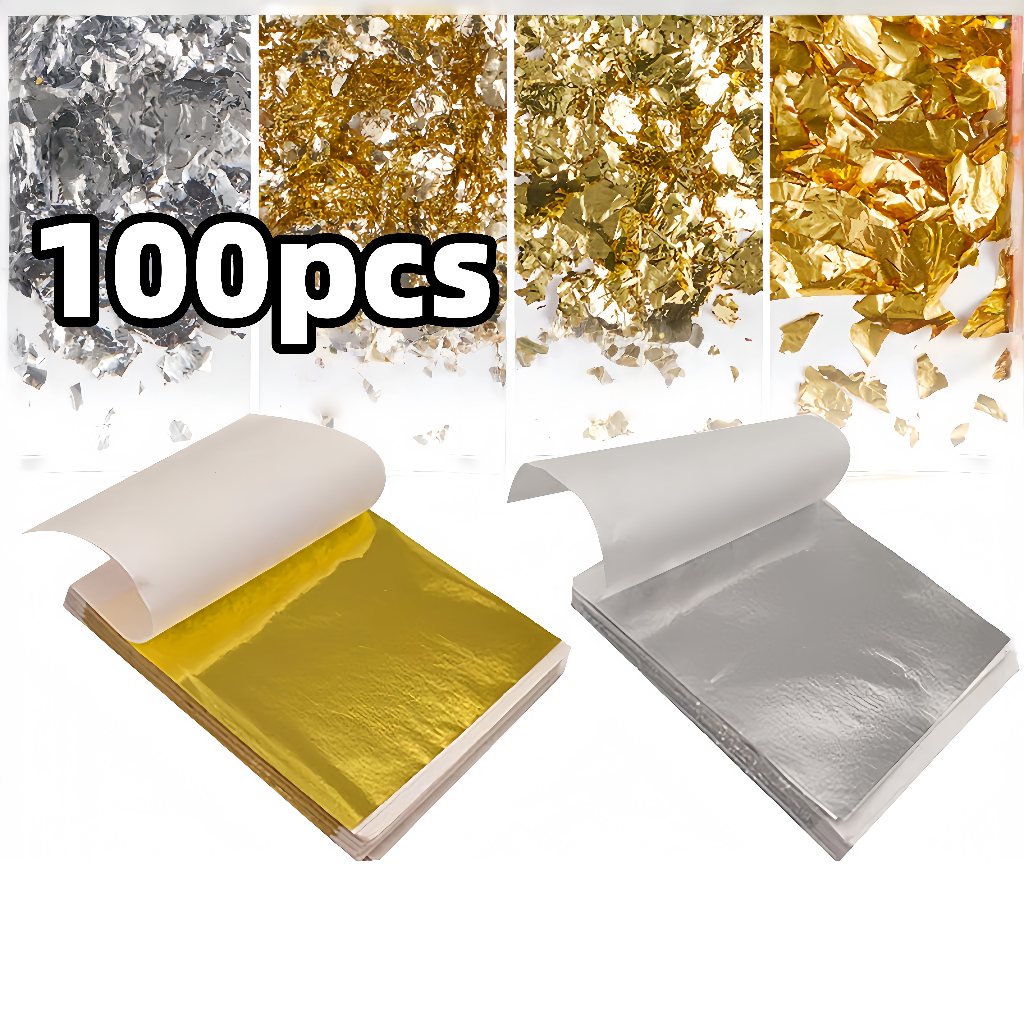 100pcs Gold Leaf / Kertas Gold Foil Leaf Gilding Gold / Flakes Foil Kertas Foil Emas