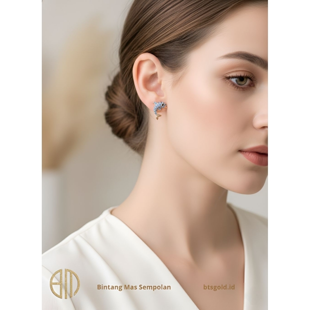 Anting Tusuk Dolpin Permata Biru Cantik Emas Asli