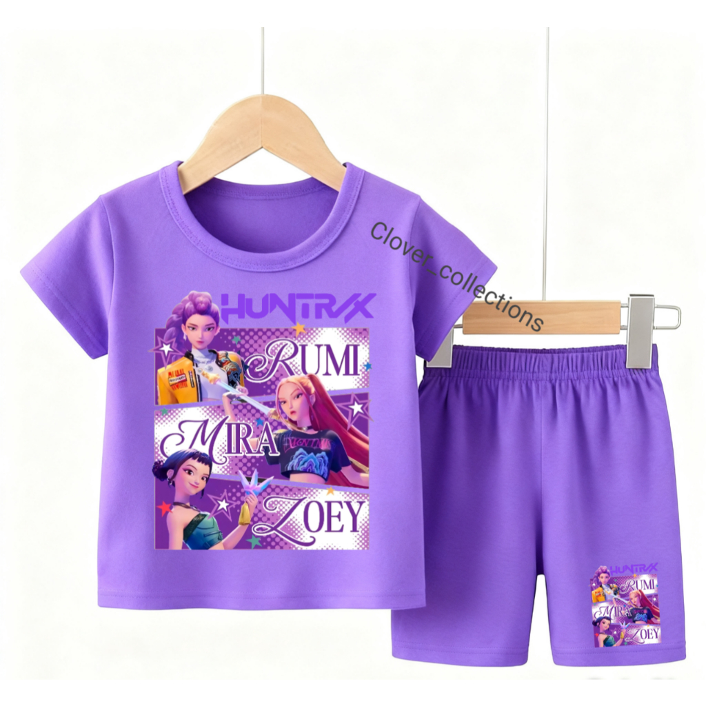 setelan baju anak perempuan/cewek gambar kpop demon huntrix lengan pendek 2-12tahun k.404