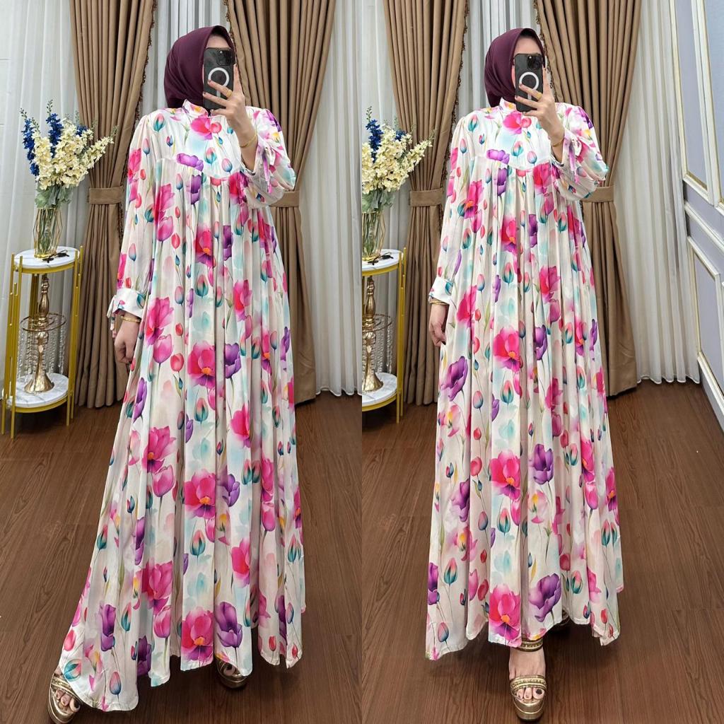 QF. Gamis Rayon motif bunga Terbaru / gamis / gamis murah / gamis terbaru / gamis kancing