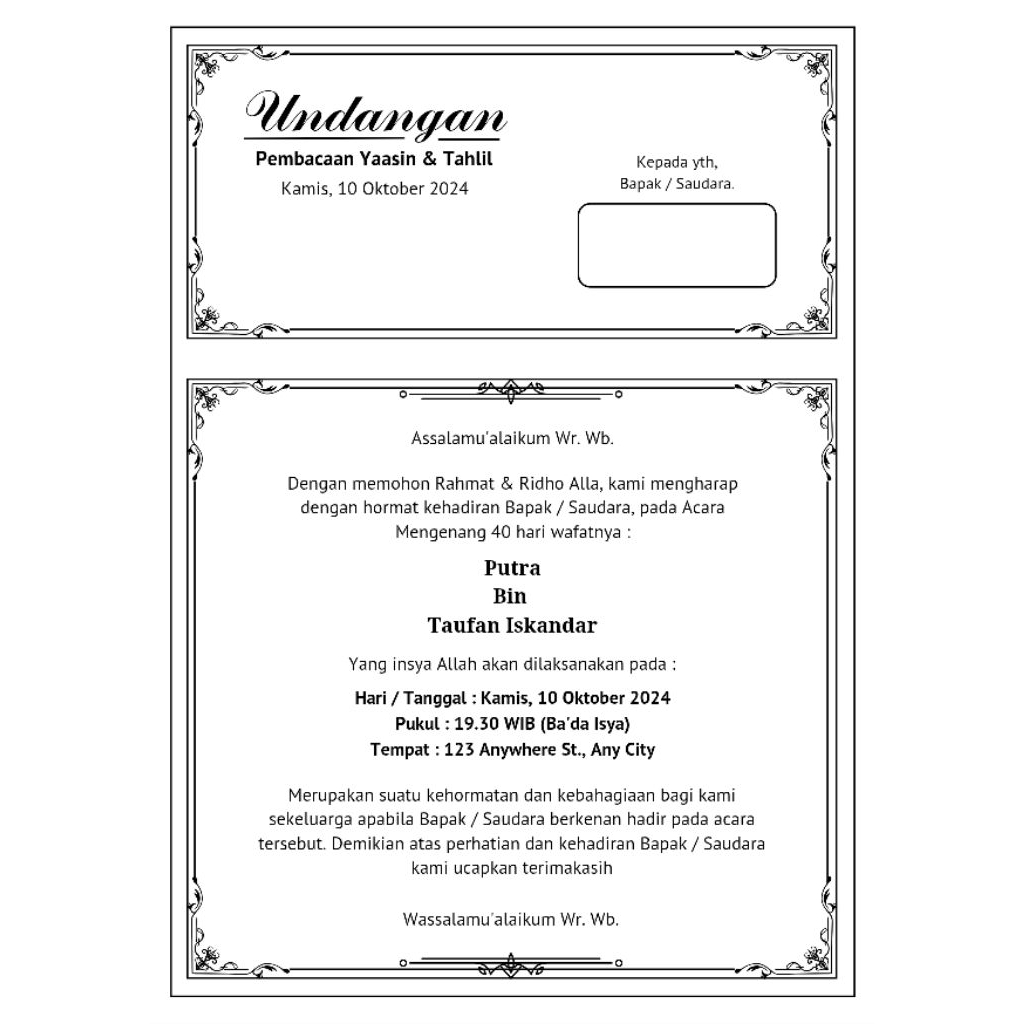 Cetak Undangan Yasin & Tahlil Kertas HVS A4