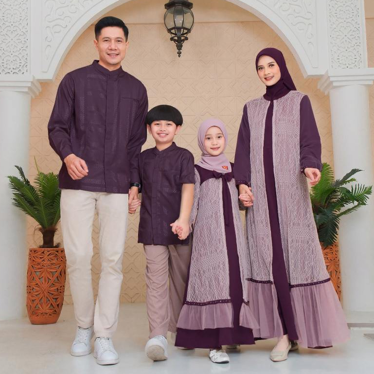 Sarimbit Set Couple Keluarga Lebaran 2026 Aqmare Burgundy Series Gamis Koko Dewasa dan Anak