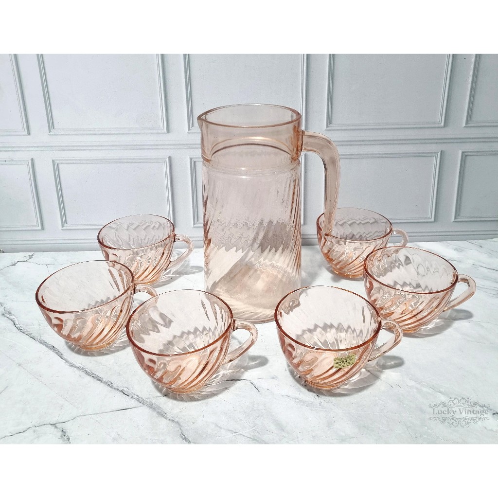 Vintage Made in France French Arcoroc Rosaline Pink Swirl Pitcher And Cups