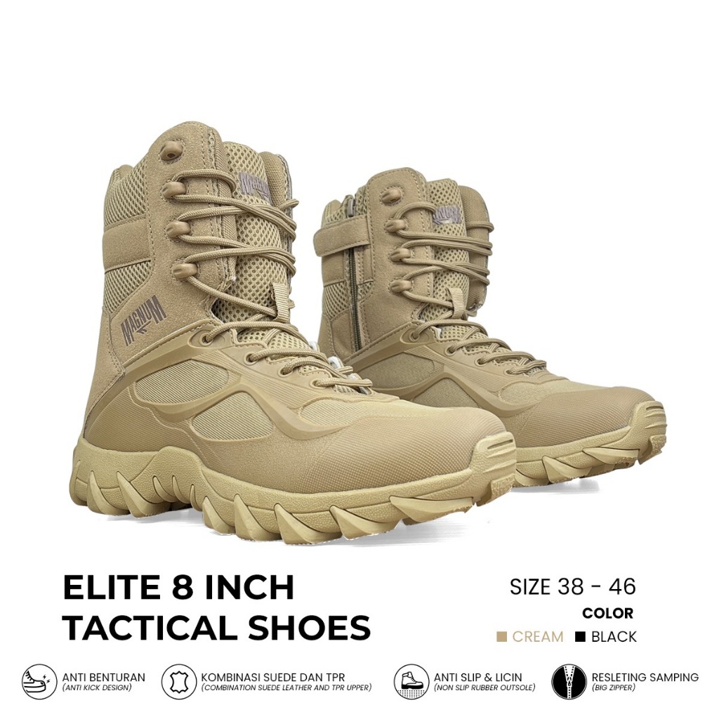 Sepatu Tactical Elite 8 Inch / Sepatu PDL POL PP Cream Hitam / Sepatu Kerja Lapangan