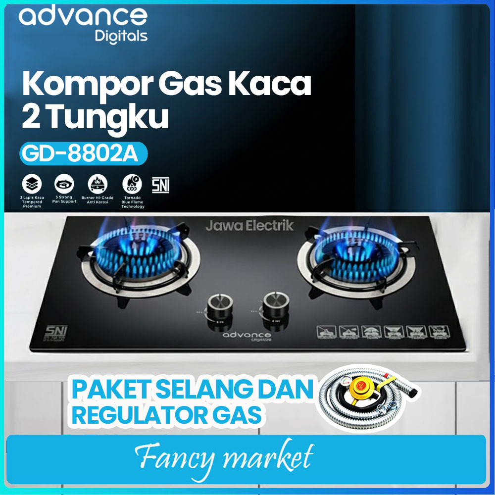 PROMO KILAT ADVANCE GD-8802 A KOMPOR GAS TANAM TORNADO BLUE FLAME 2 TUNGKU TEMPERED GLASS BISA TANAM