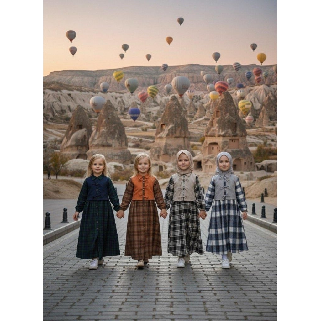 Gamis Anak wanita Set hijab Premium Motif Kotak-Kotak, Adem & Nyaman