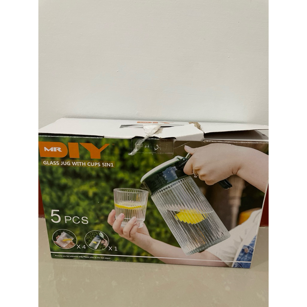 Glass Jug With Cups 5in1 Gelas Teko Kaca Motif MR DIY - New/Baru