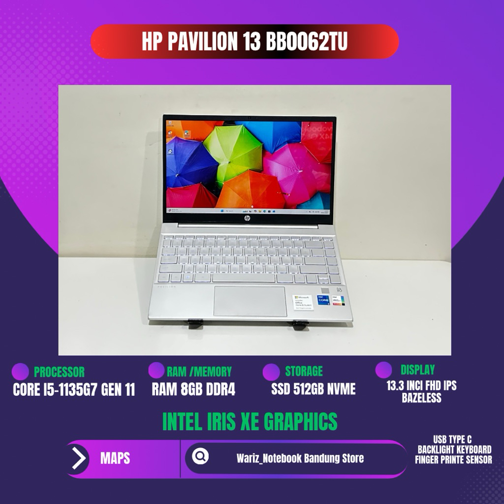 HP PAVILION 13 BB0062TU CORE I5-1135G7 RAM 8GB SSD 512GB 13.3inci FHD IPS ULTRABOOK MULUS