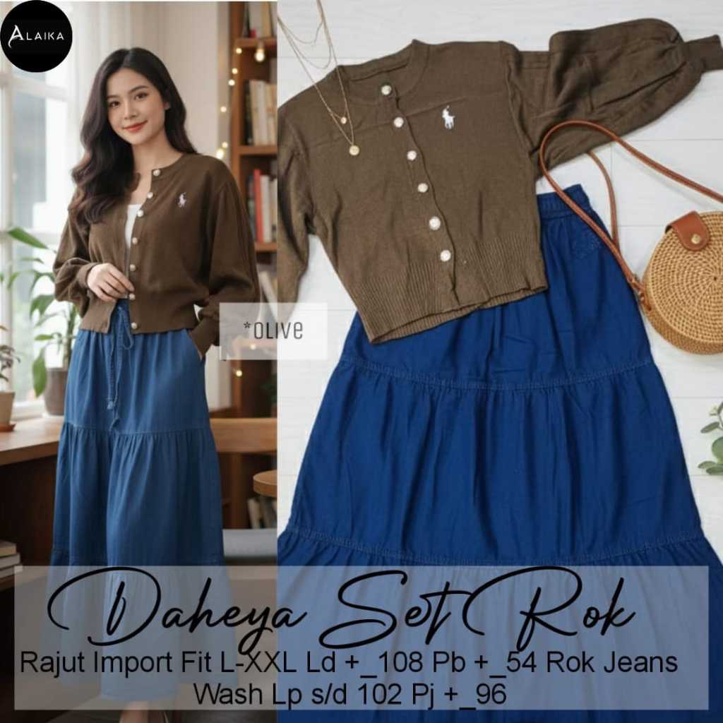 Daheya Set Rok Original ALAIKA Premium Rajut Import Atasan Cardigan Crop Lengan Balon Jumbo Mix Rok 
