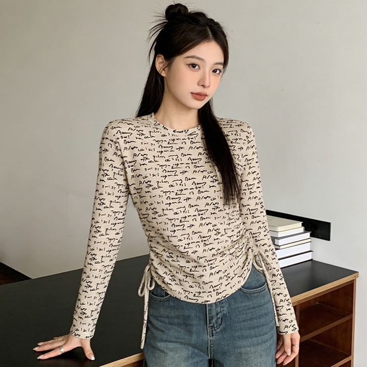 yikoo-Kaos serut monogram korea lengan panjang t shirt atasan wanita