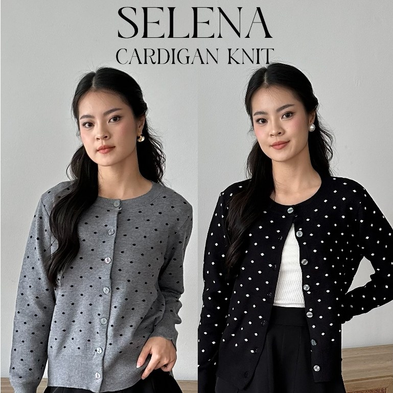 [Jexiva] - Atasan Cardigan Wanita Knit Tangan Panjang Polkadot Jacquard Hitam Abu Serena Cardigan Kn