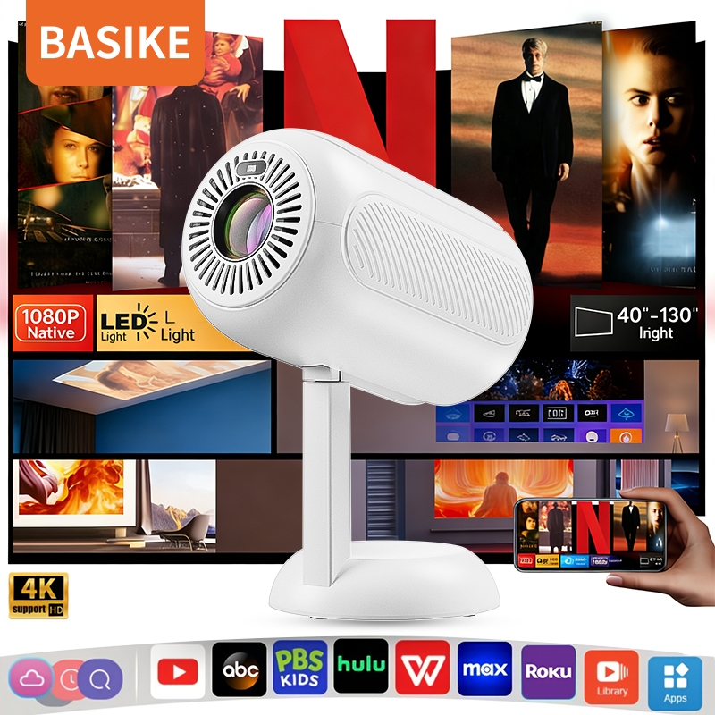 BASIKE Proyektor Mini Smart LCD TV Bluetooth Wifi 4K 1080P Outdoor Portable 180°Rotable Cinema Shrin