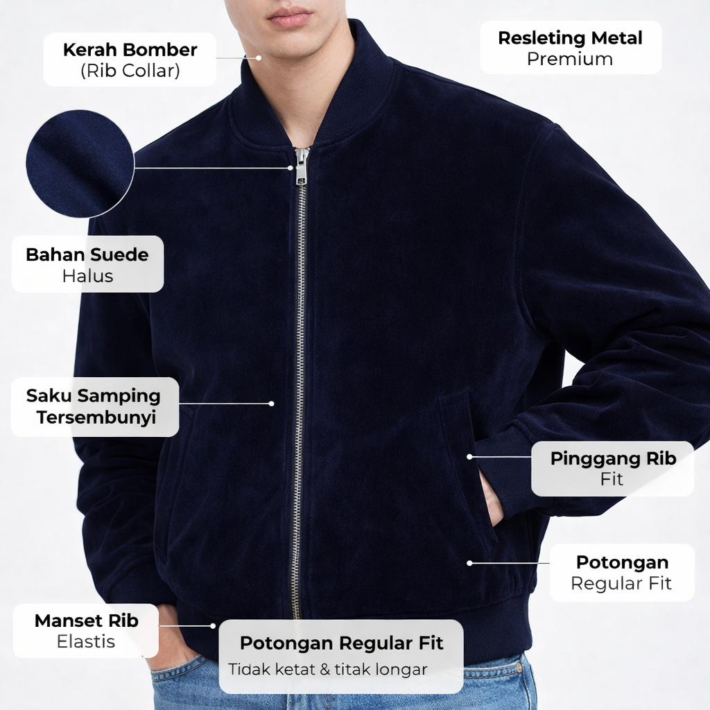 Mortals Jaket Bomber Pria Suede Navy Luxury Premium - Jaket Bomber Suede