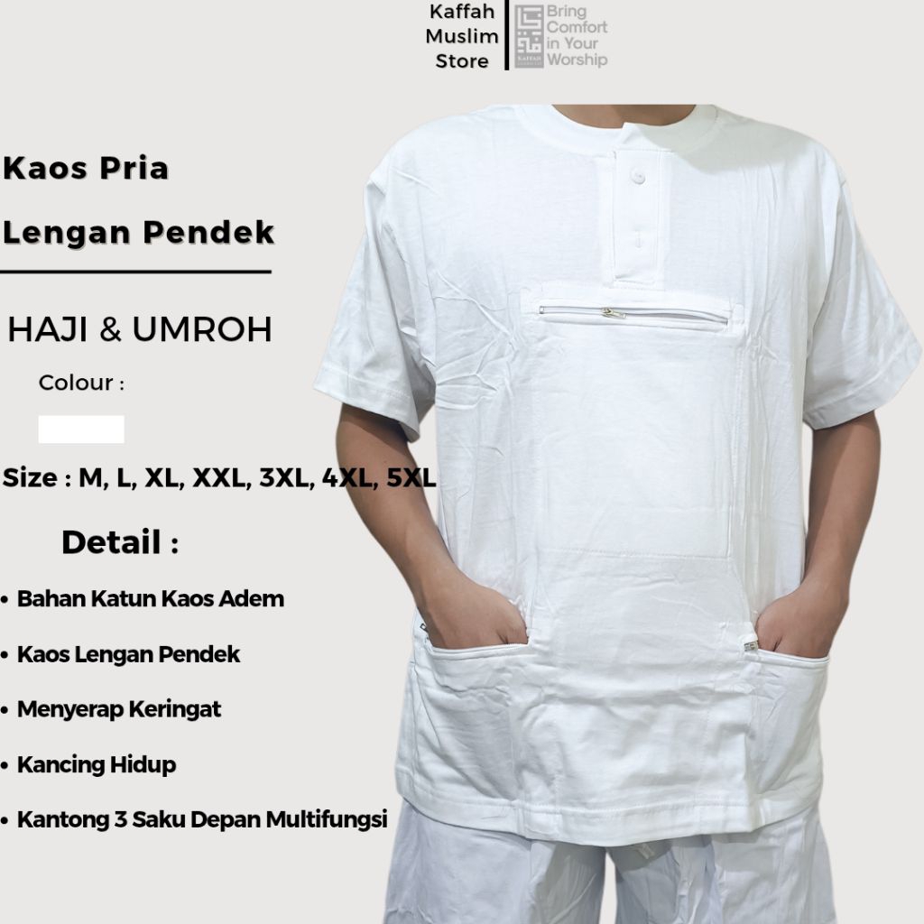 Kaffah ~ Kaos Haji Umroh Pria Lengan Pendek Kancing Bahan Premium || Kaos Lengan Pendek 3 Kantong Sa