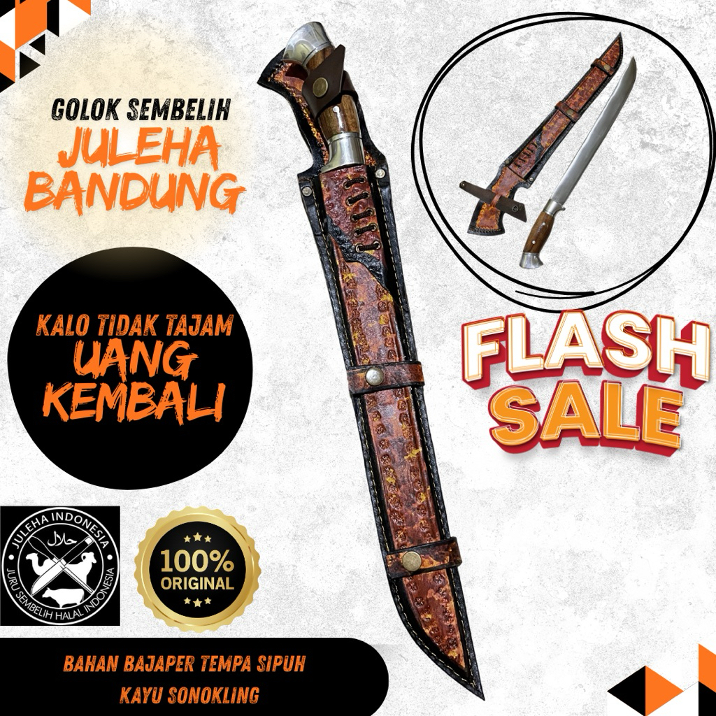 Golok Sembelih Juleha Bandung Super Tajam Baja Per Asli 40cm | Sarung Kulit Sapi | Handle Duralium