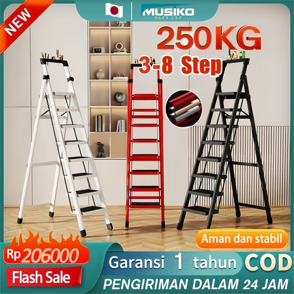 Musiko Tangga Lipat 3 - 8 Step Baja Karbon, Anti Licin Aman, 6 Warna Pilihan, Multifungsi Praktis