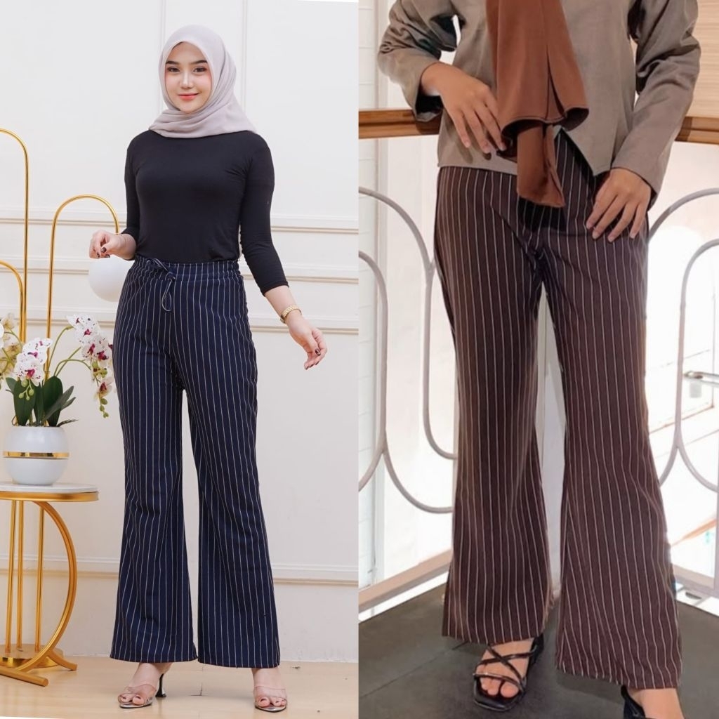 Celana Wanita Flare Pants Esme Cutbray Premium Import Bangkok dengan Bahan Knit Stripe Premium