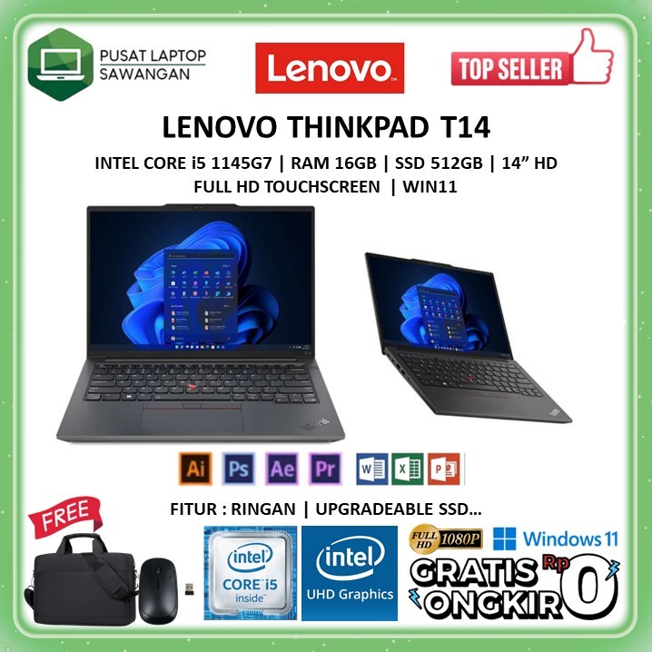 LENOVO THINKPAD T14 INTEL I5 1145G7 16GB 512GB 14.0 FHD WIN10PRO BLACK EX DISPLAY - GARANSI 3 BULAN