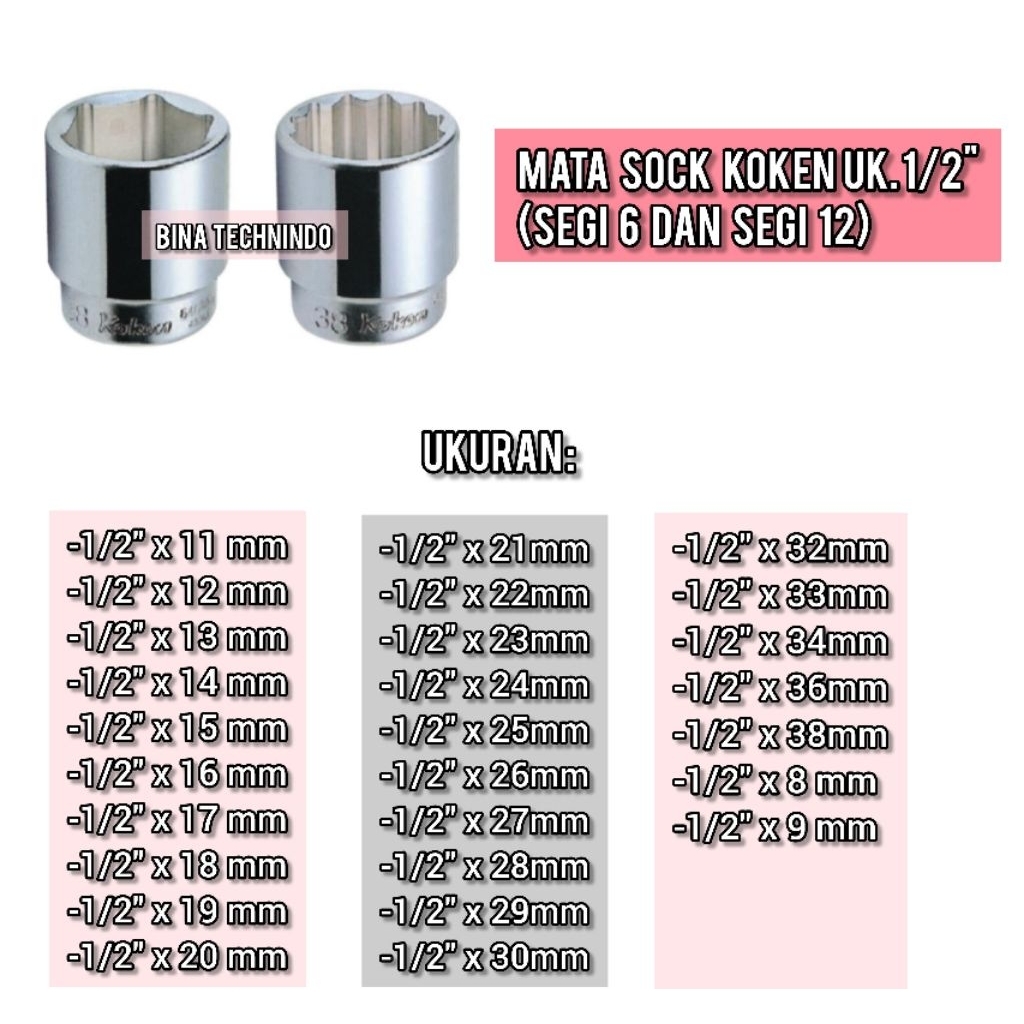 1/2" x 17mm Socket Koken 6pt dan 12pt 1/2" x 17mm Mata Sok Merk Koken ( 6 Point dan 12 Point) Koken 