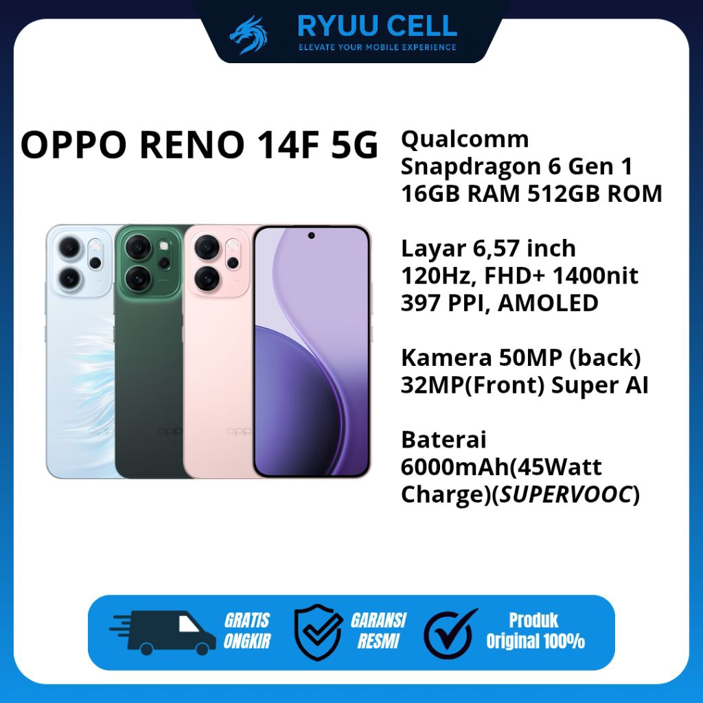 OPPO Reno14 F 5G GARANSI RESMI OPPO 8GB/128GB+256/512GB - Kamera Bawah Air 4K, Baterai 6000mAh, AI L