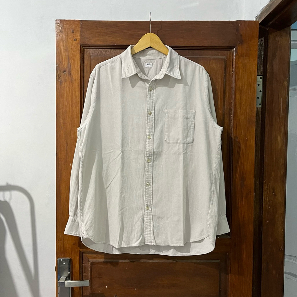 [XL] Uniqlo Corduroy Cotton Long Sleeve Shirt (KM-038) I White I Vintage Vtg Retro Kemeja Garis-gari