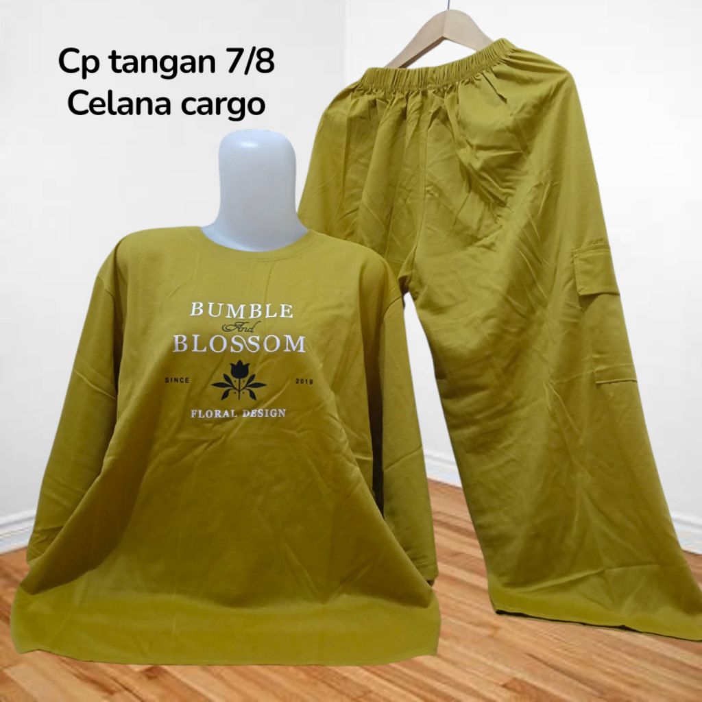 SETELAN WANITA KEKINIAN BAJU SANTAI CELANA CARGO LENGAN 7/8