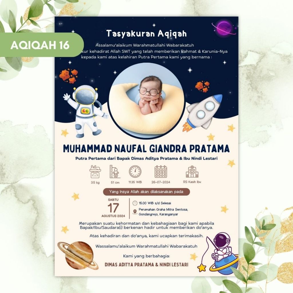 Undangan Digital Aqiqah Code AQ16 Tasyakuran Aqiqah Softfile JPG Tema Astronaut Space Galaxy Anak | 