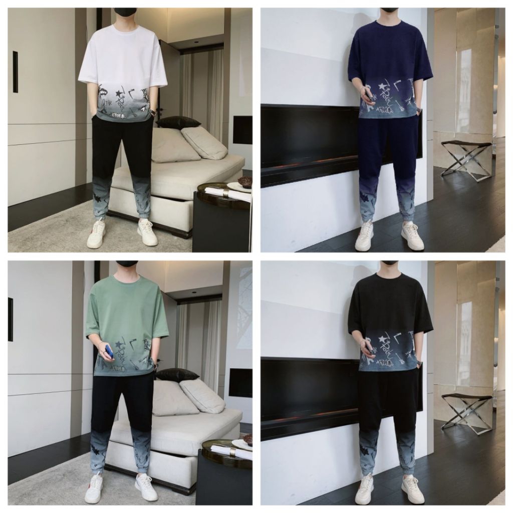 (Dapat ATASAN + CELANA) Setelan Pria Oversize Rockstar | Baju Kaos Distro Pria Celana Jogger Fleece 