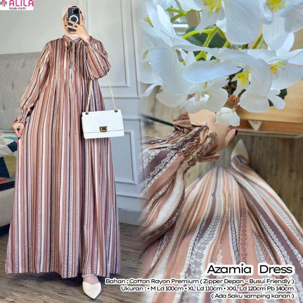 Azamia Dress Gamis Wanita Original ALILA hijab cloth Katun Rayon Premium Motif Garis Salur Elegan Bu
