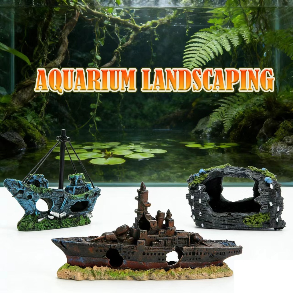 1PC hiasan kapal karam aquarium Aquascape realistis tanpa mencemari air Ornamen Kapal Karam Resin