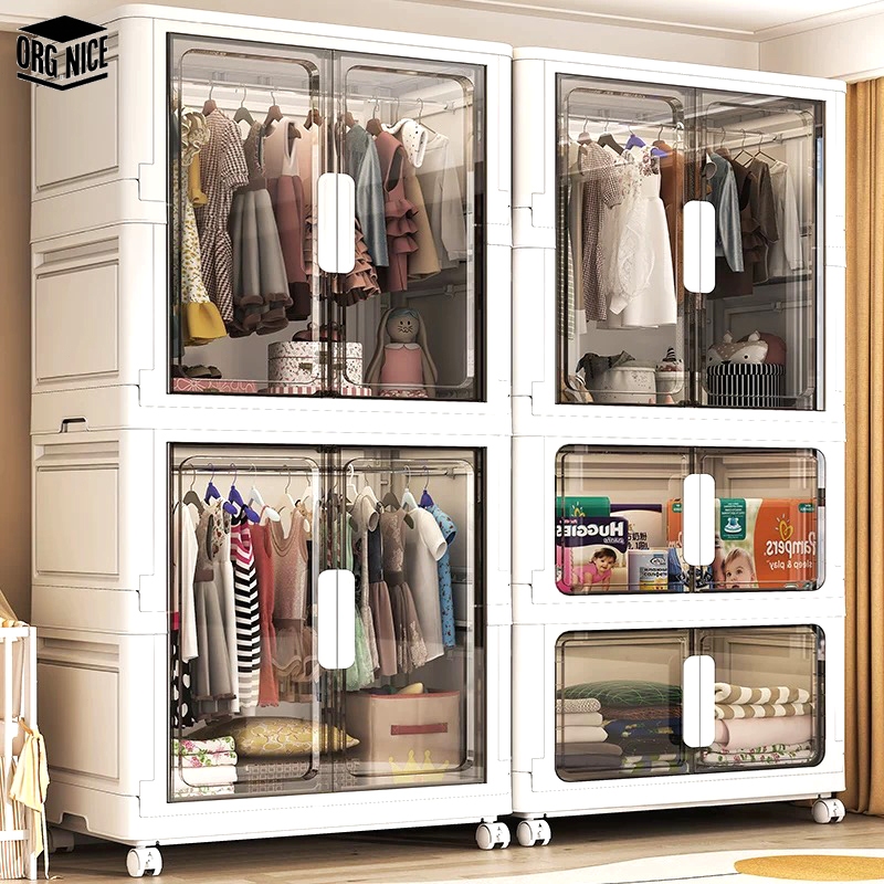 Lemari Pakaian Plastik Lipat Lemari 80CM Tanpa Dirakit Lemari Pakaian Penyimpanan Lipat Serbaguna