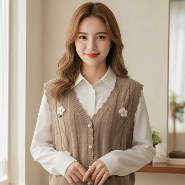 VEST ROMPI MOTIF BUNGA KOREAN STYLE BAHAN RAJUT HALUS OUTER KEKINIAN