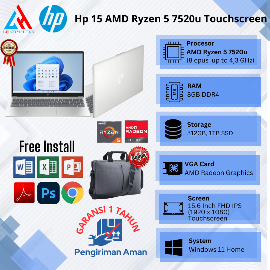 Laptop Baru Hp 15 AMD Ryzen 5 7520U 8CPU up to 4.3Ghz  Touchscreen