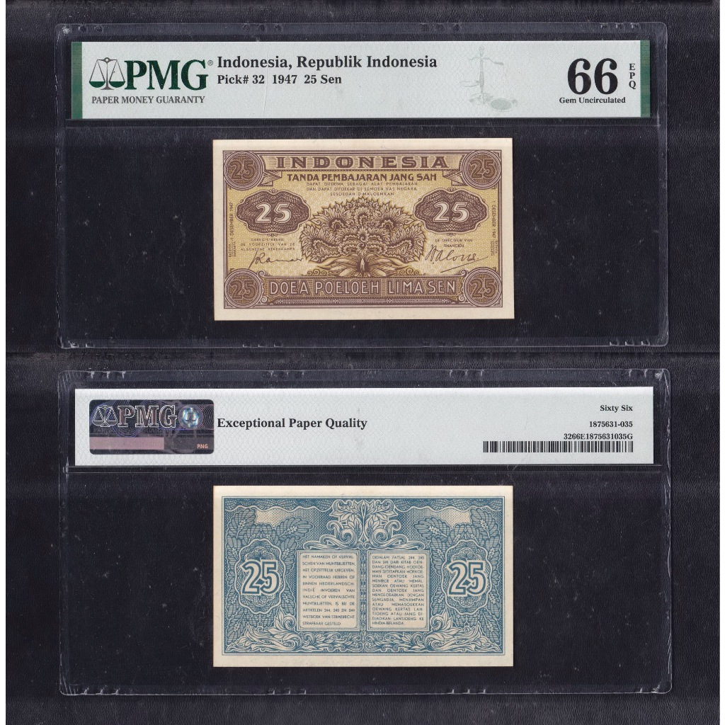 Uang kuno PMG 66 EPQ - 25 sen DJB tahun 1947 seri Federal