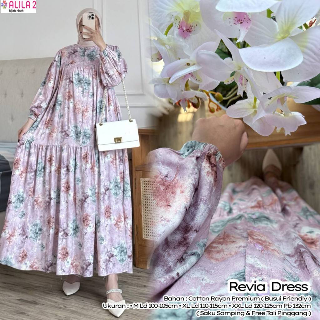 Revia Dress Gamis Maxi Baju Muslim Wanita Original "Alila 2 Hijab Cloth" Cotton Rayon Premium Busui 