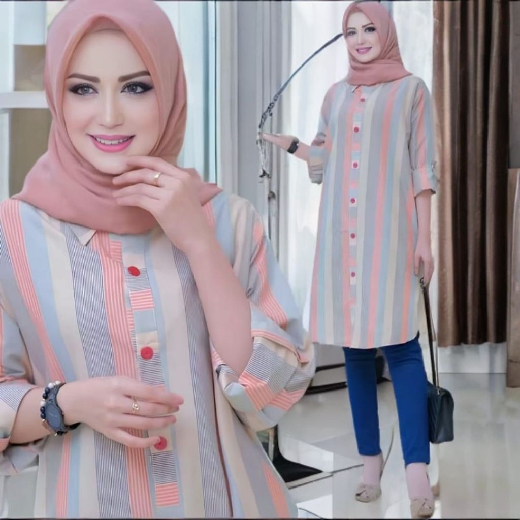 Tunik Katun Garis Tunik Katun Motif Garis Wanita Kekinian