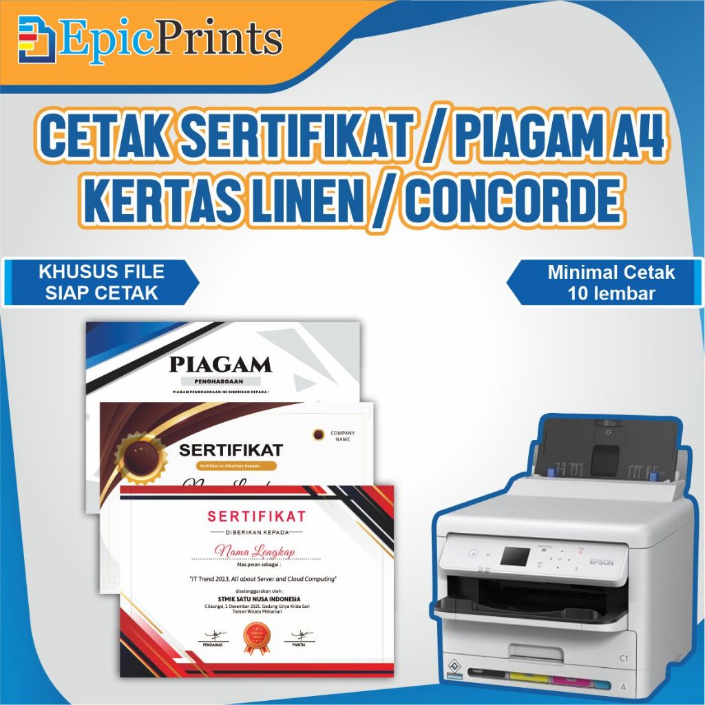 Cetak Sertifikat Kertas A4 Linen Concorde Tebal 1 sisi dan 2 sisi
