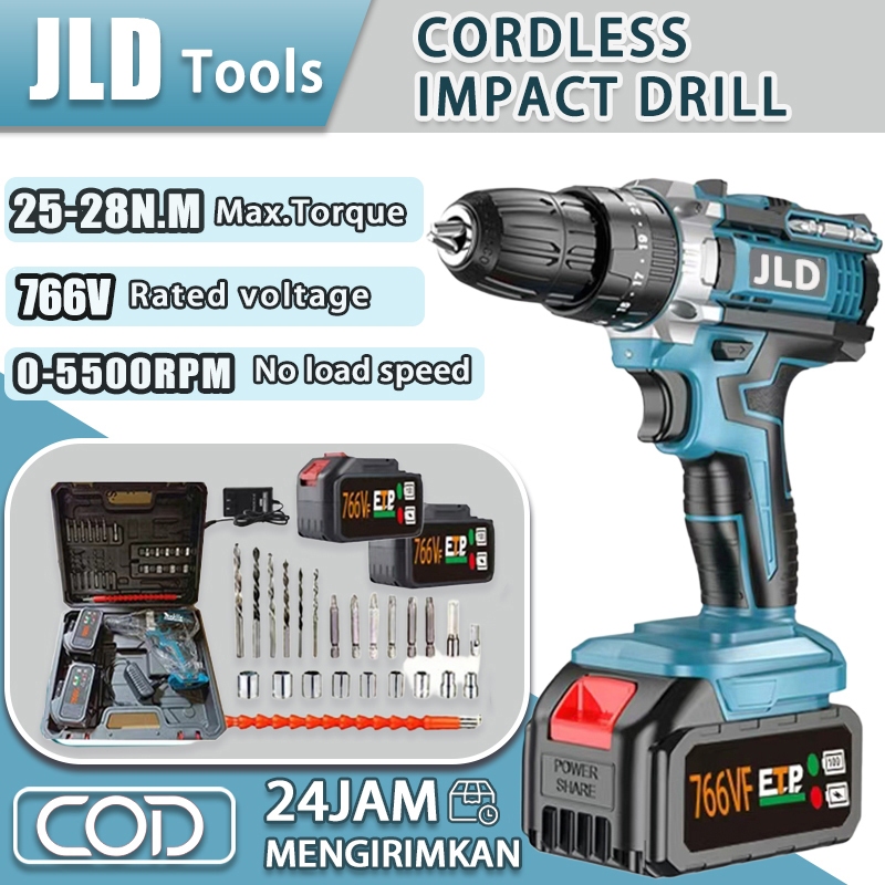JLD 766V Mesin Bor Baterai Tangan Cordless Cordless Electric Drill-Dua Baterai impact drill Cordless