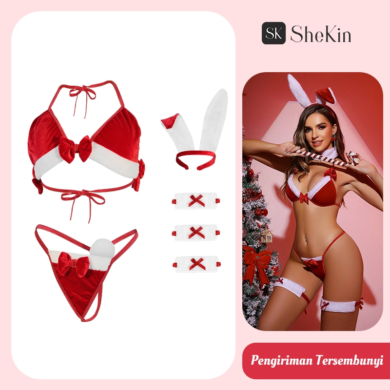 SheKin Baju Tidur Beludru Lingerie Set Wanita Merah Rabbit Bunny Girl Cosplay Seksi Untuk Natal Chri